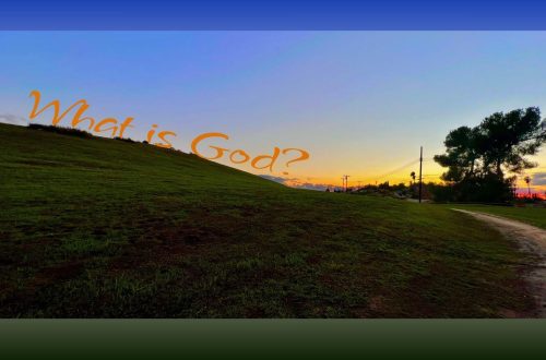 A grassy hillside at sunset with a winding dirt path and silhouetted trees against the fading light. The text overlay reads: “What is God?”
