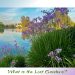 “Vibrant purple flowers beside a calm blue lake, representing the beauty and mystery of the Lost Gardens.”