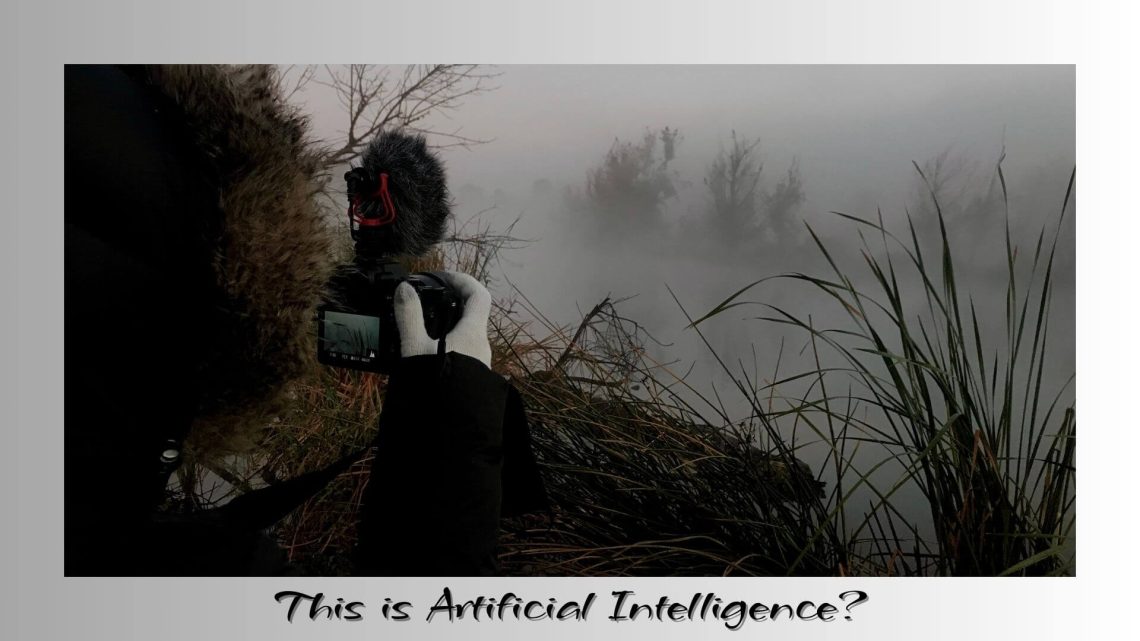 A person in a hooded winter coat and gloves holds a camera with a microphone, filming a misty lakeside surrounded by reeds and trees.