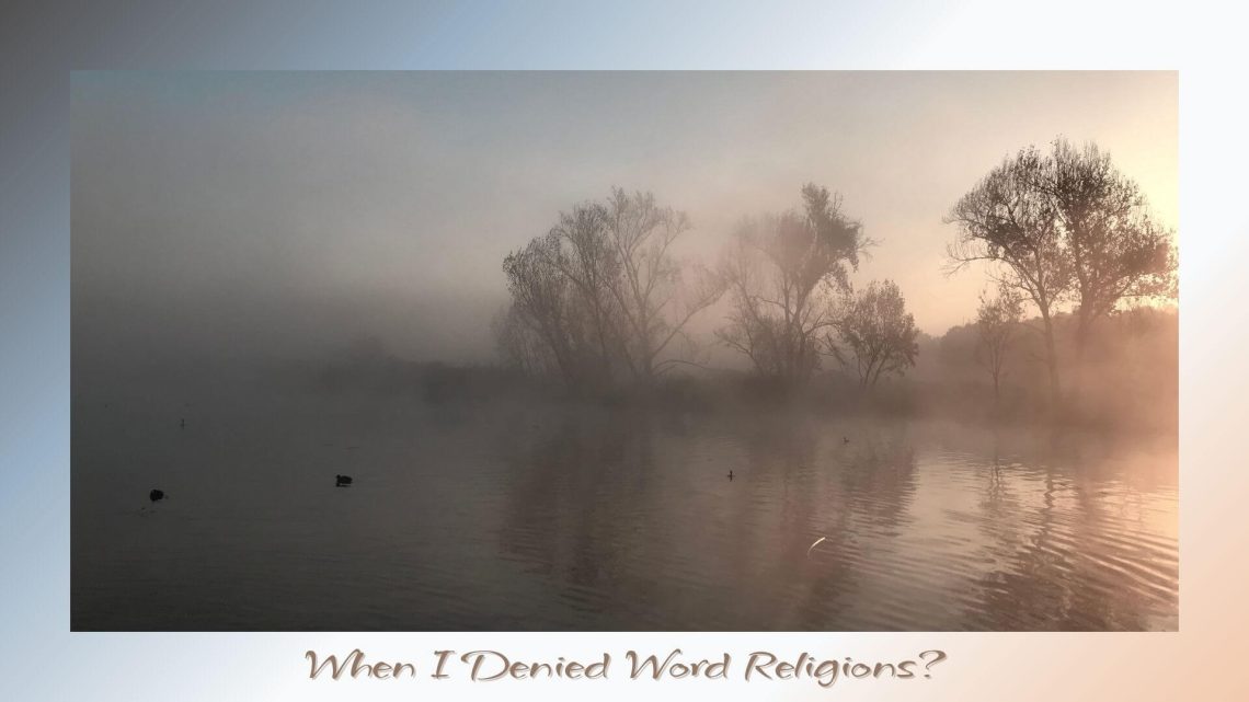 Misty sunrise over a quiet lake, with silhouettes of tall trees reflected in the water, creating a contemplative and mysterious atmosphere.
