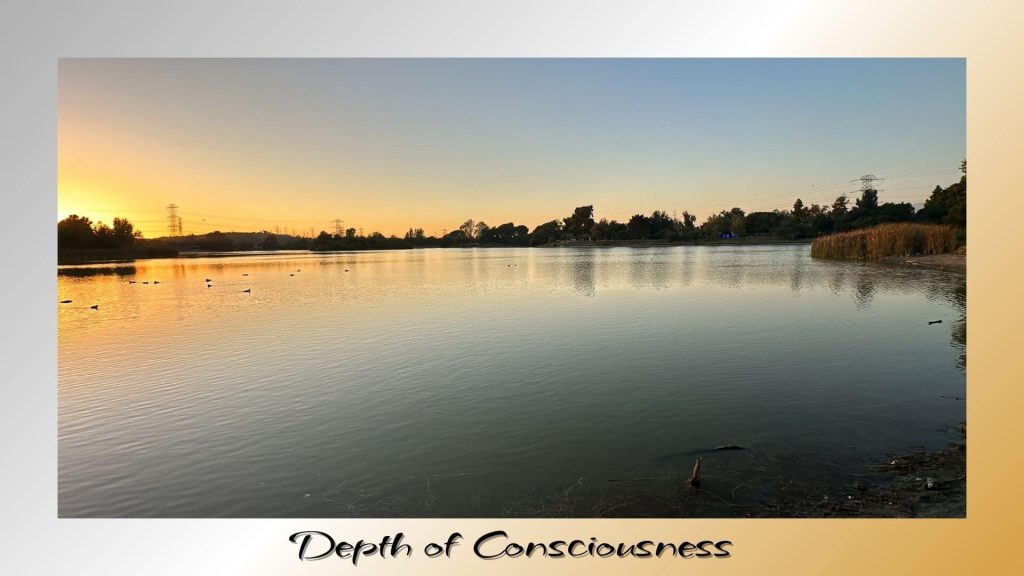 “Tranquil lake at sunset with golden reflections on the water, distant trees in silhouette, and birds floating peacefully, symbolizing the depth of consciousness.”