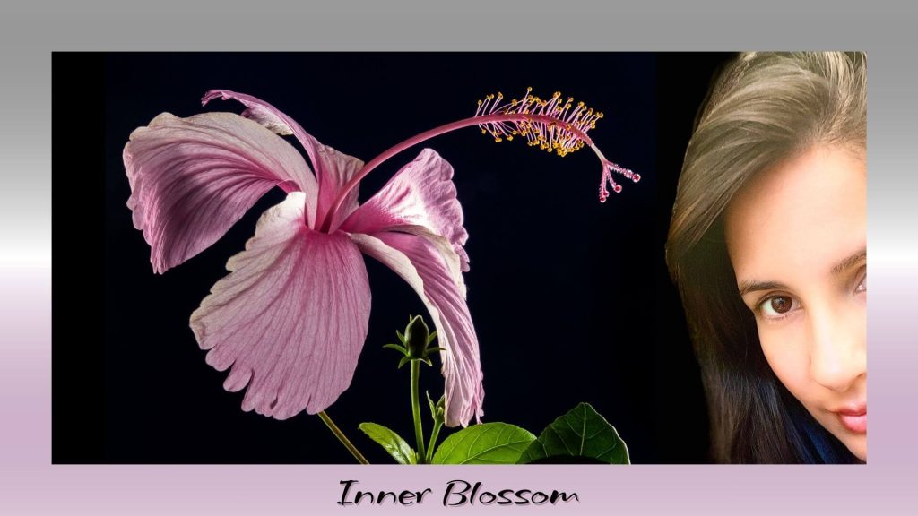 “Close-up of a pink hibiscus flower in full bloom alongside a serene human face, symbolizing the beauty of the inner blossom and awakening of the self.”