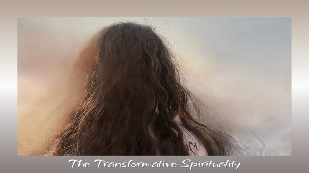 A figure with long flowing hair turned away, facing a softly blurred, radiant background, evoking a sense of mystery, transformation, and inner depth.