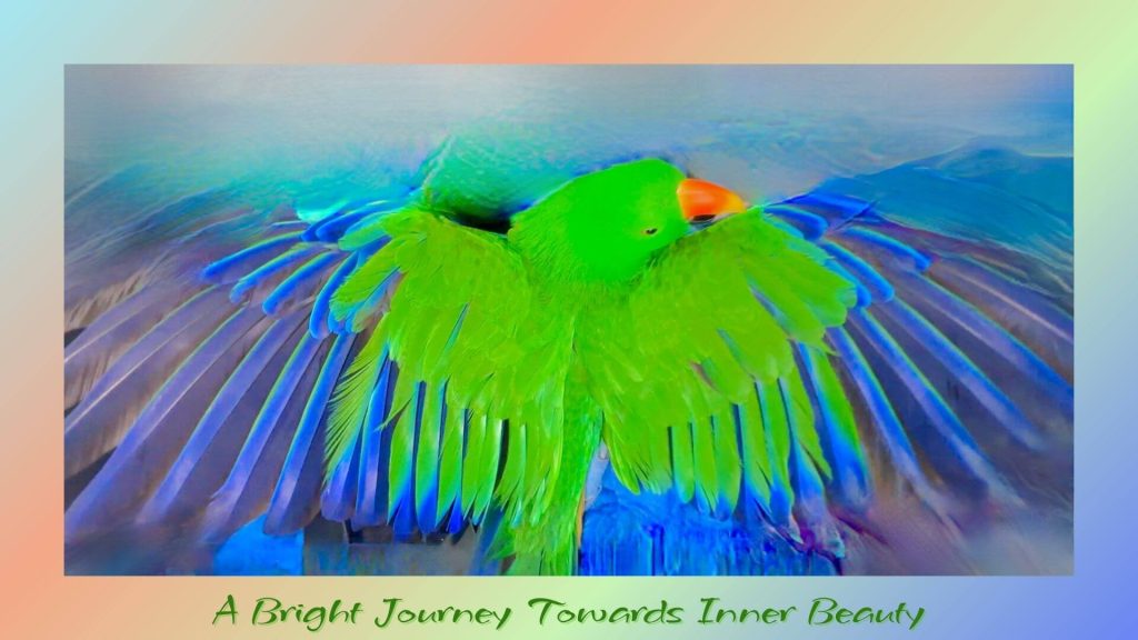 “A vibrant green parrot spreading its wings against a soft rainbow-colored background, symbolizing freedom and inner beauty.”