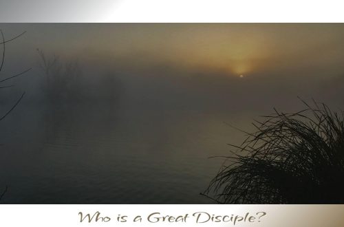 The sun rises faintly through a heavy mist over calm waters, with silhouetted trees and tall grasses framing the scene in quiet reverence.