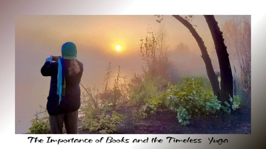“Man standing before a sunrise with misty mountains, symbolizing the timeless wisdom of books and the Yuga.”